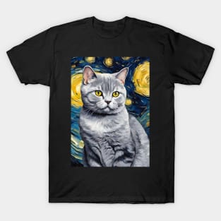 Cute British Shorthair Cat Breed Painting in a Van Gogh Starry Night Art Style T-Shirt